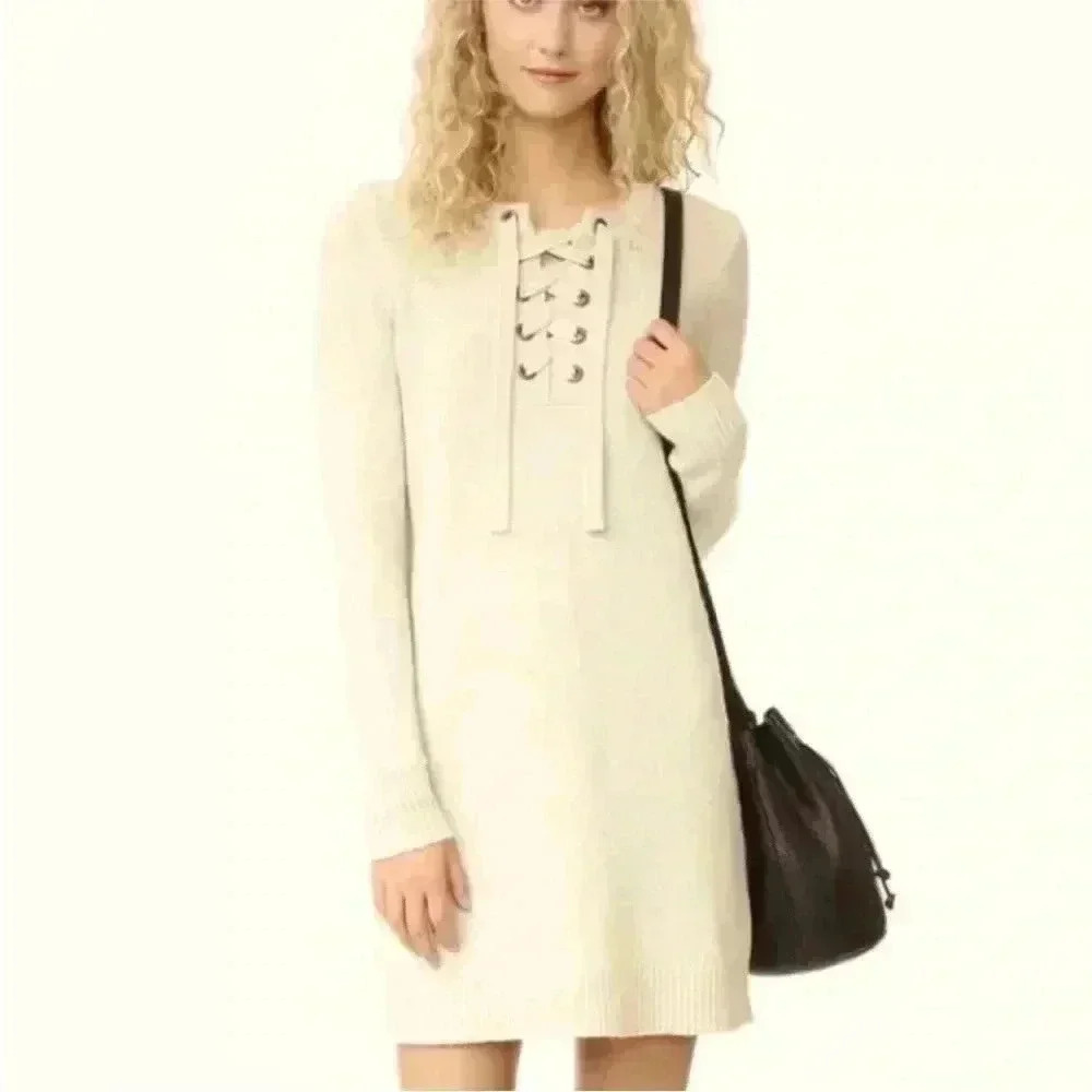 Madewell Lace Up Sweater Dress Size‎ Small 
Merino Wool V Neck Ribbed In Cream